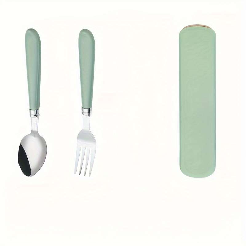 2pcs Stainless Steel Utensil Set with Storage Box Portable Spoon and Fork Available in Green