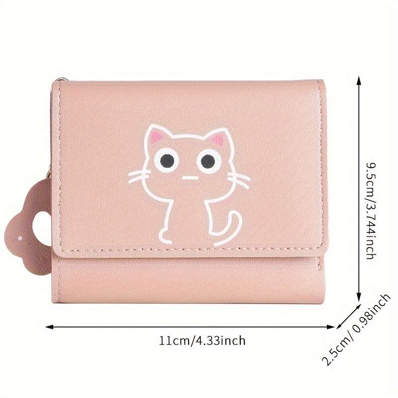 Vintage Style Cartoon Cat Pattern Pu Wallet Mini Tri-Fold Card Holder With Cat Paw Charm