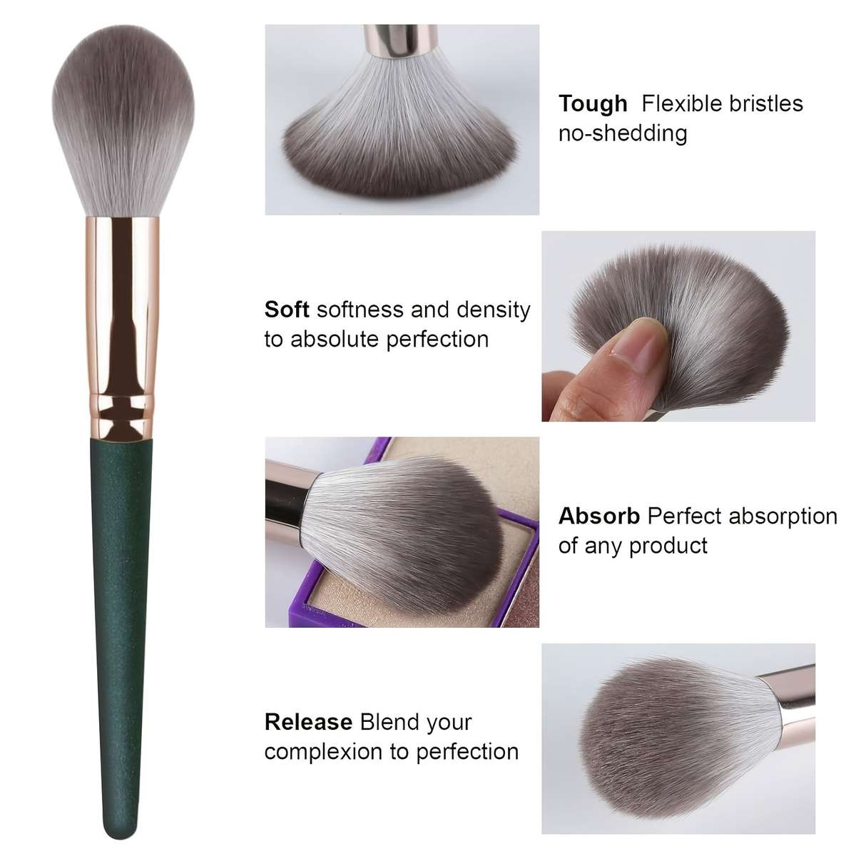 Makeup Brush Set Color Green  2 Black Powder Puffs