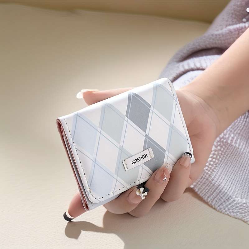 Minimalist Fashion Plaid Wallet Pu Material Pink Blue Colors Zipper Closure Foldable