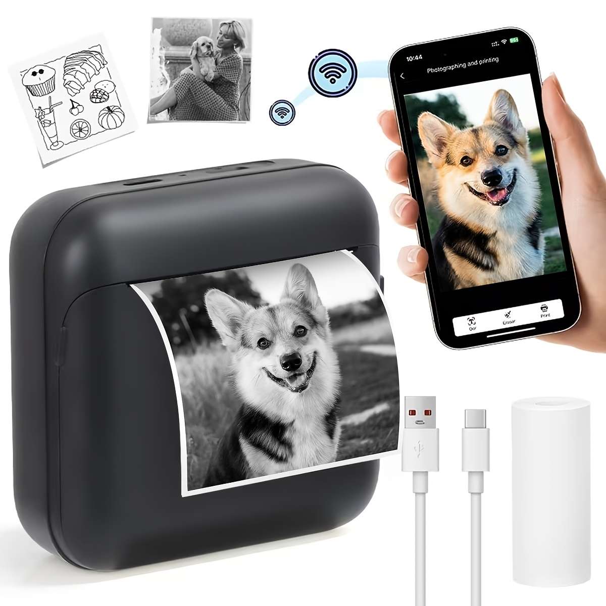 Printer Color M12 White  3 Rolls Of Thermal Paper 5.7Cm*2.5Cm  Storage Bag  Random Stickers