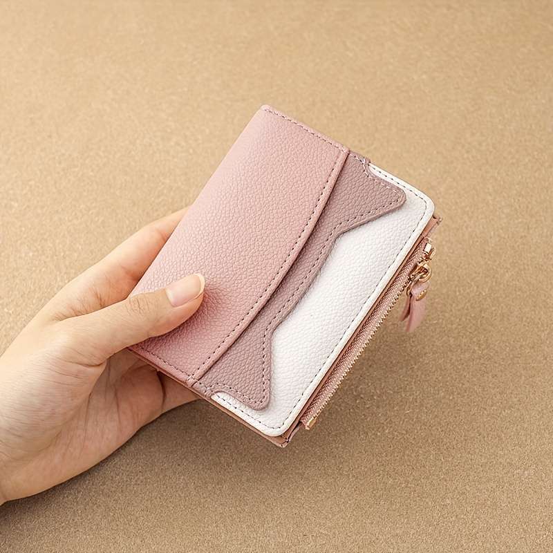 Litchi Texture Wallet Women'S Short Bifold Purse Creative Zipper Multicolor Patchwork Coin