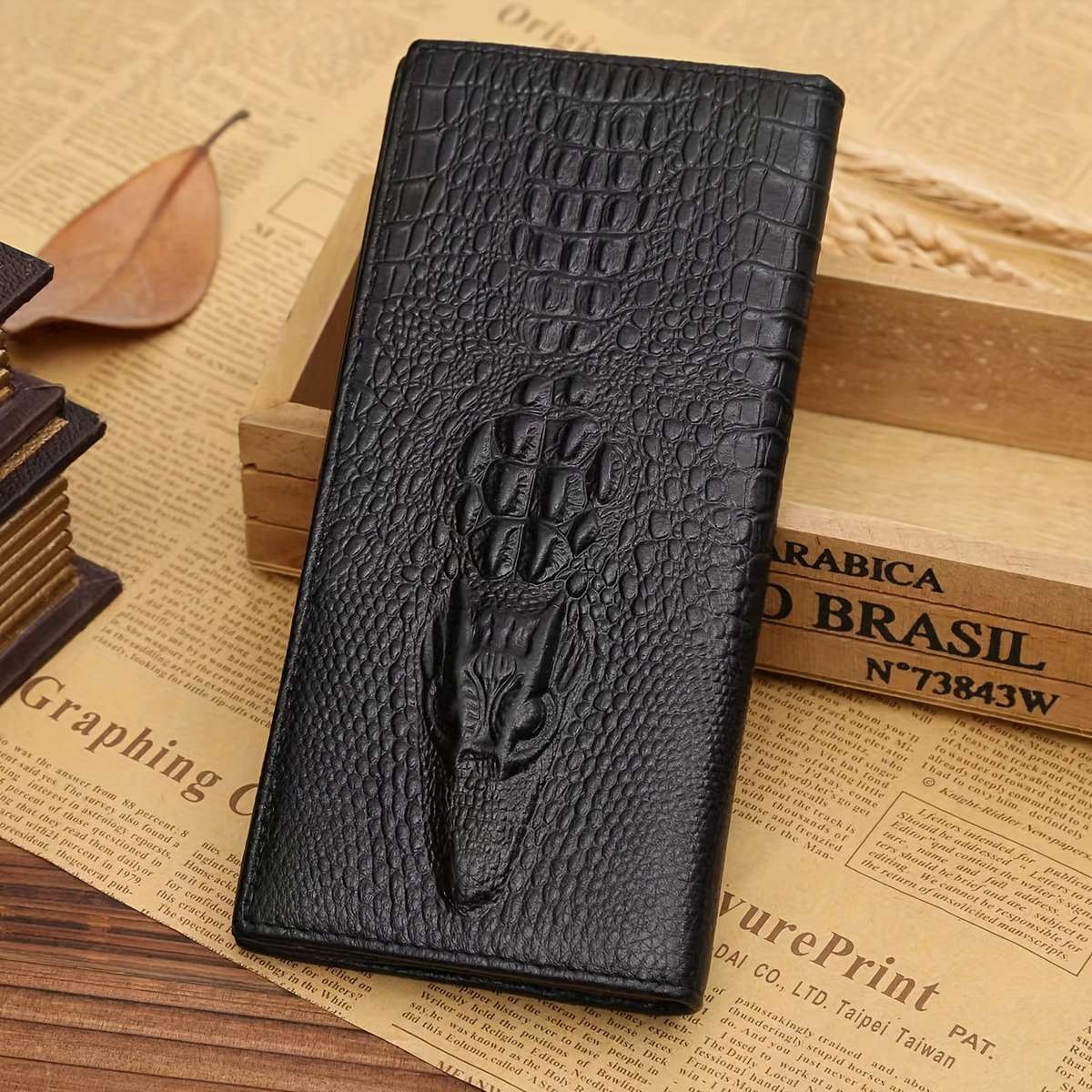 Men'S Classic Crocodile Pattern Long Walletmulti-Card Holder With Zipper Coin Pocket Textur