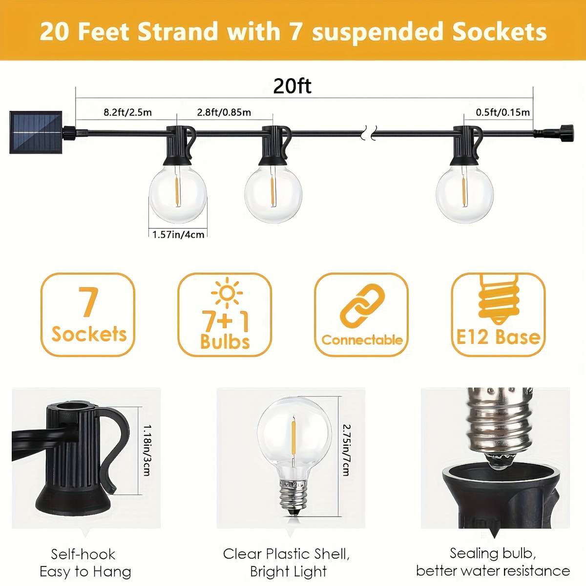 String Lights Quantity 20Ft 6.1M 7 1 Bulbs Solar