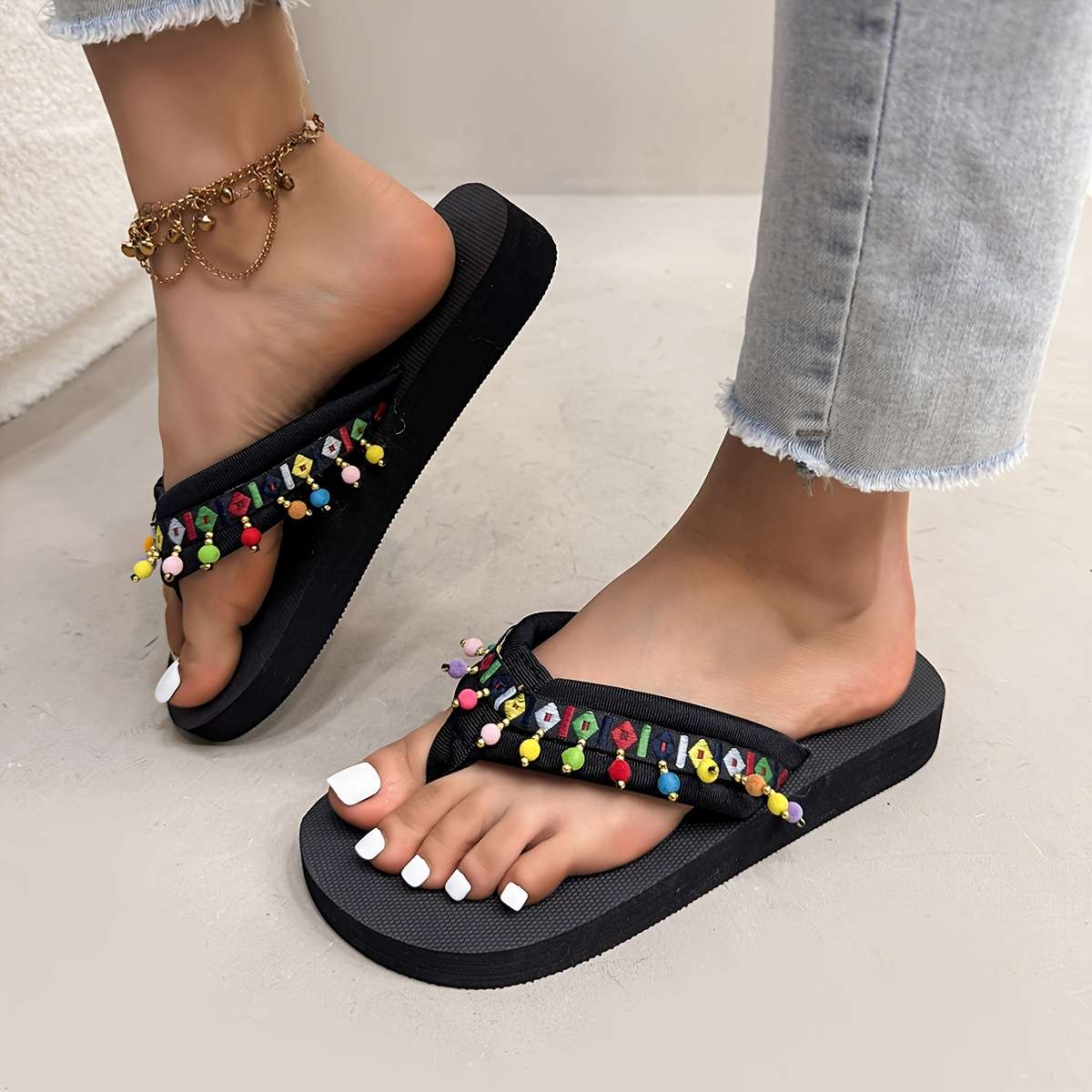 Ladies Summer Flip Flops Long Bead Uk 7