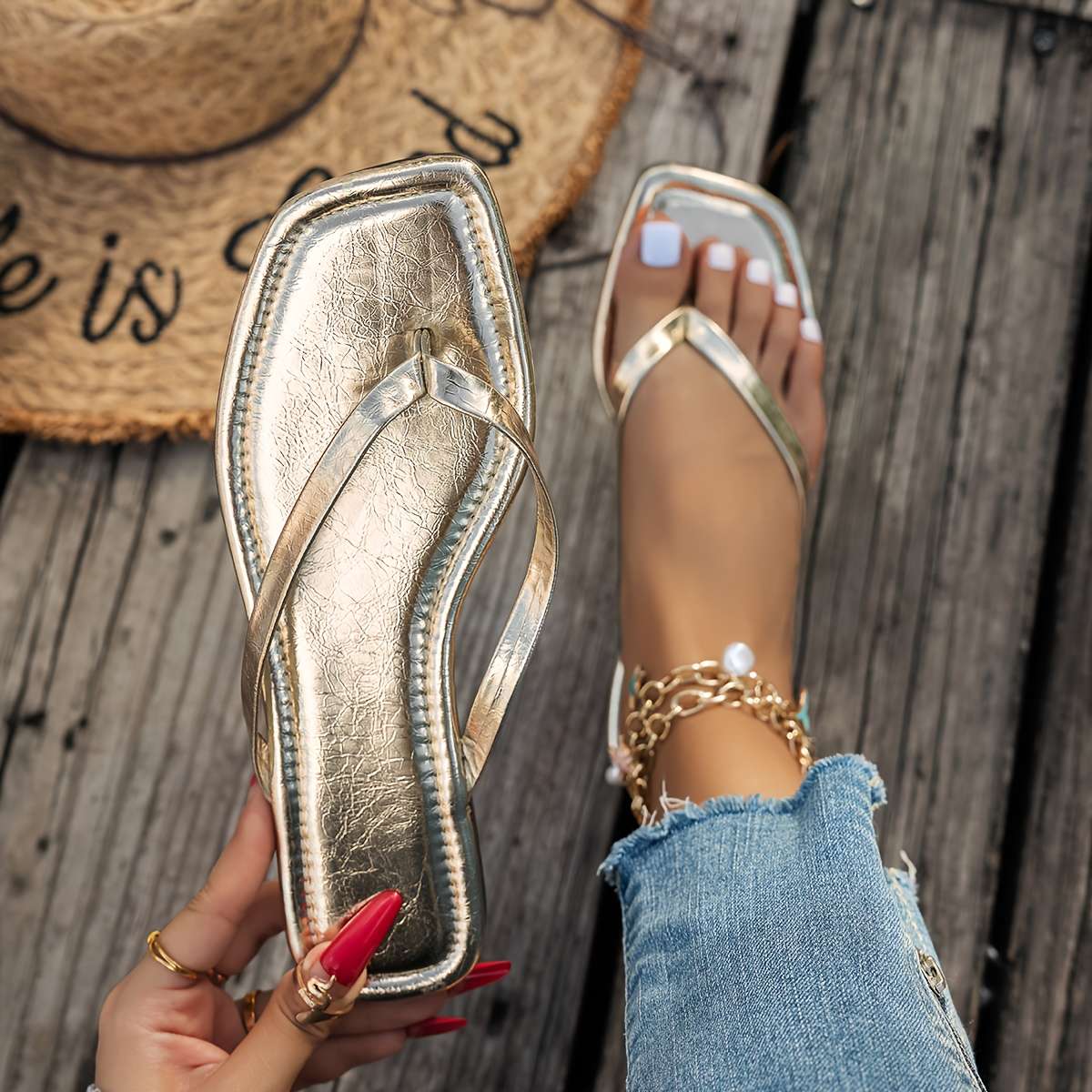 Ladies Summer Flip Flops Silvery Uk 11.5