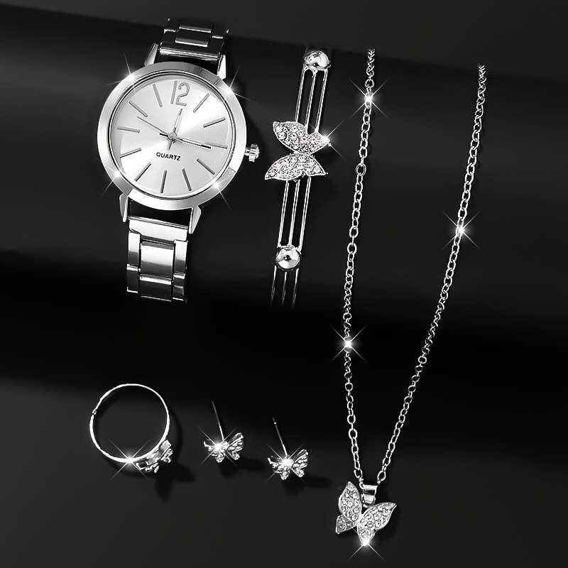 Women Light Round Dial Quartz Watch Shiny Butterfly Model Bright Silvery