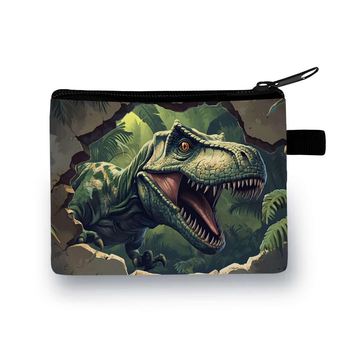 Dinosaur Print Polyester Coin Pouch Casual Style Zipper Wallet With Unlined Storage Bag H