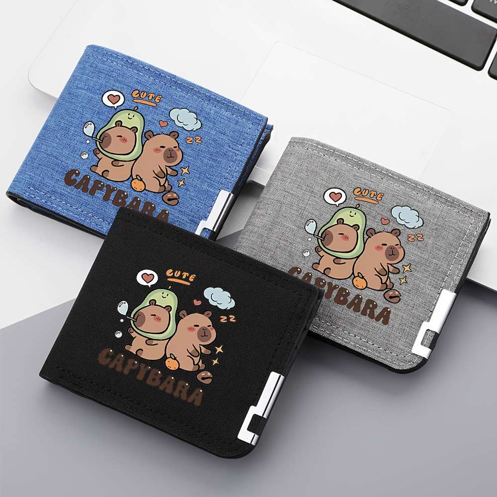 1pc DEABOLAR Cute Capybara Print Canvas Bifold Wallet for Men Lightweight Multi-Function Credi