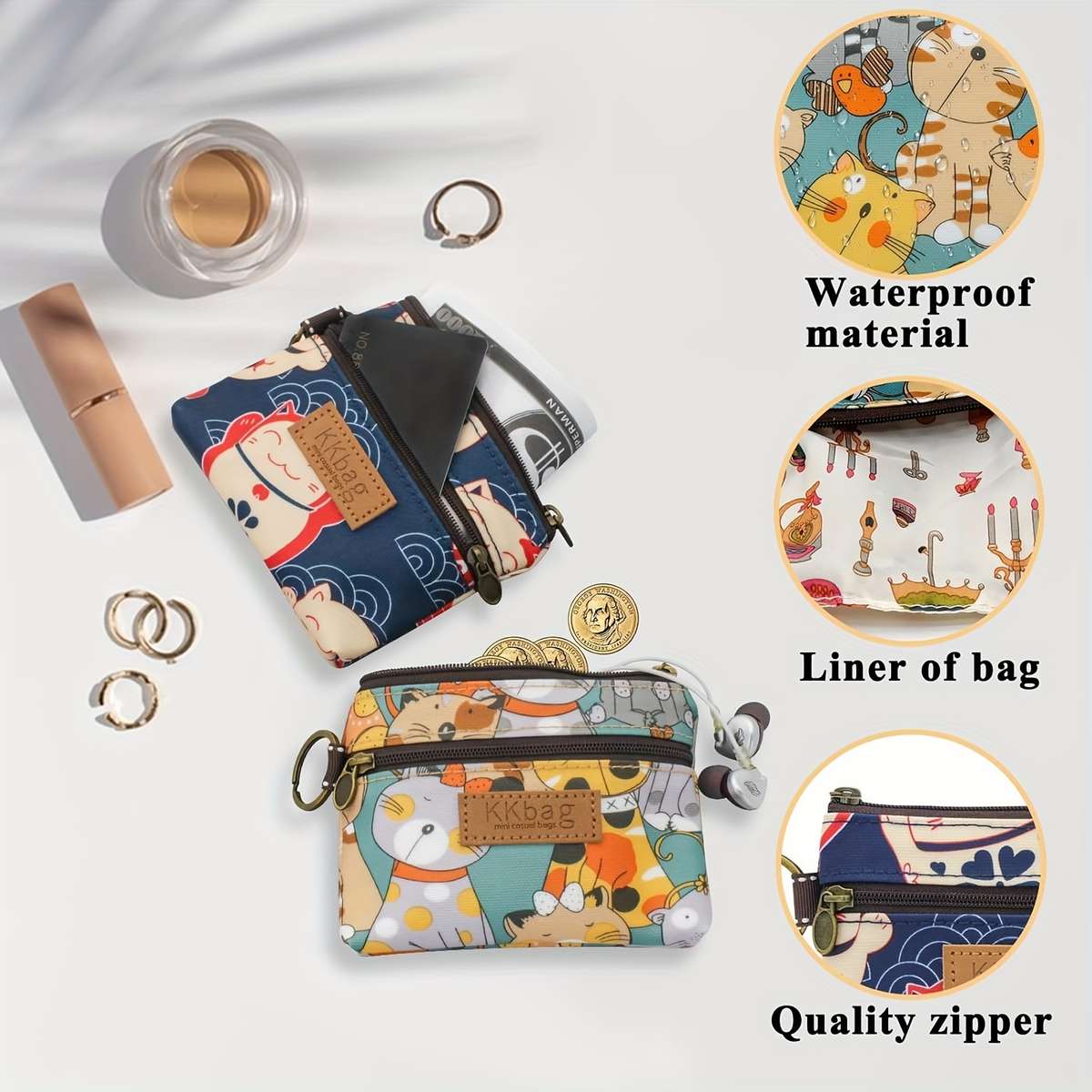 Print Zipper Wallet Purselightweight Polyester Coin Purse With Multiple Compartments Compac