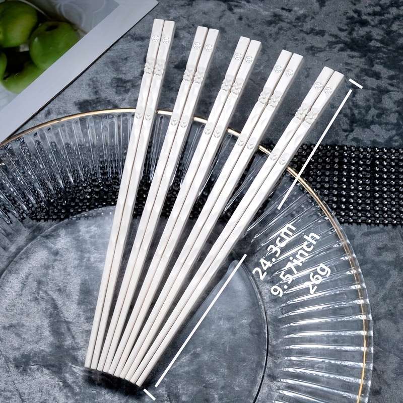 Chopsticks Style White Silvery Carved Chopsticks 5 Pairs