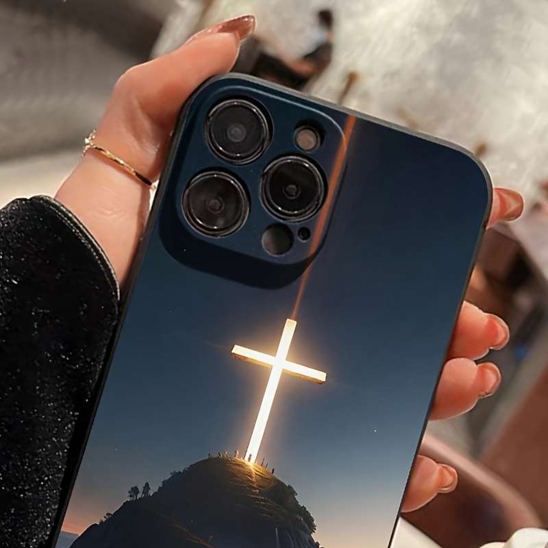 1Pc Black For iPhone 16 Plus Cross Pattern Phone Case