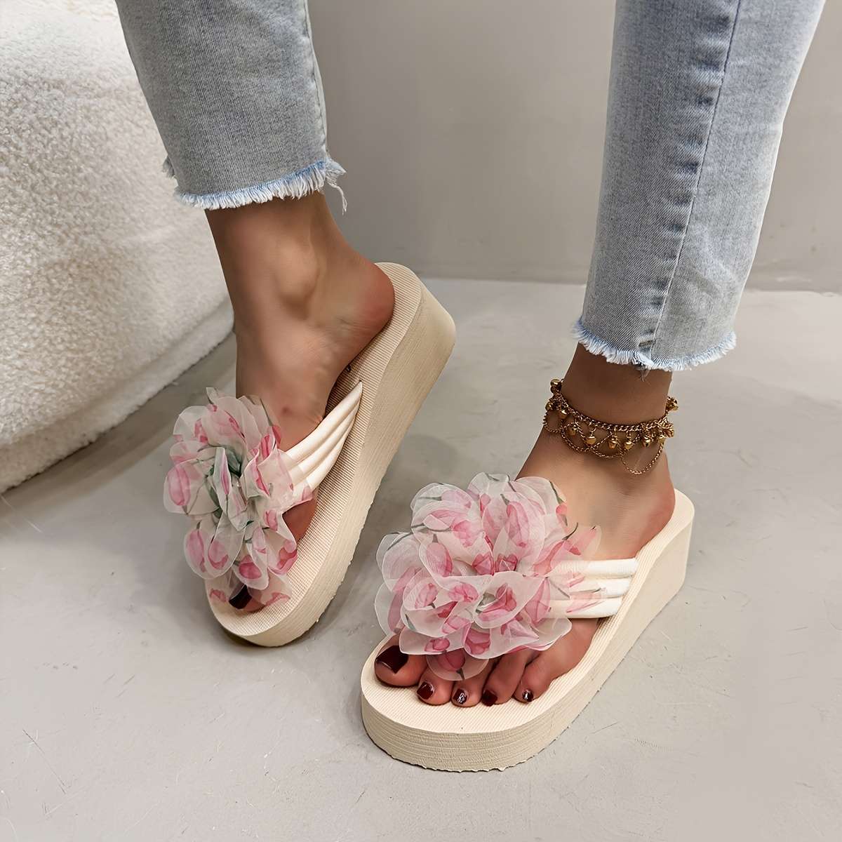 Ladies Summer Flip Flops Beige Uk 7