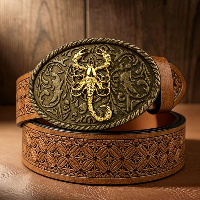 Belt Color Copper Base With Golden Scorpion  Brown Checkered Pattern Size 105 108Cm 41.34 42.52In