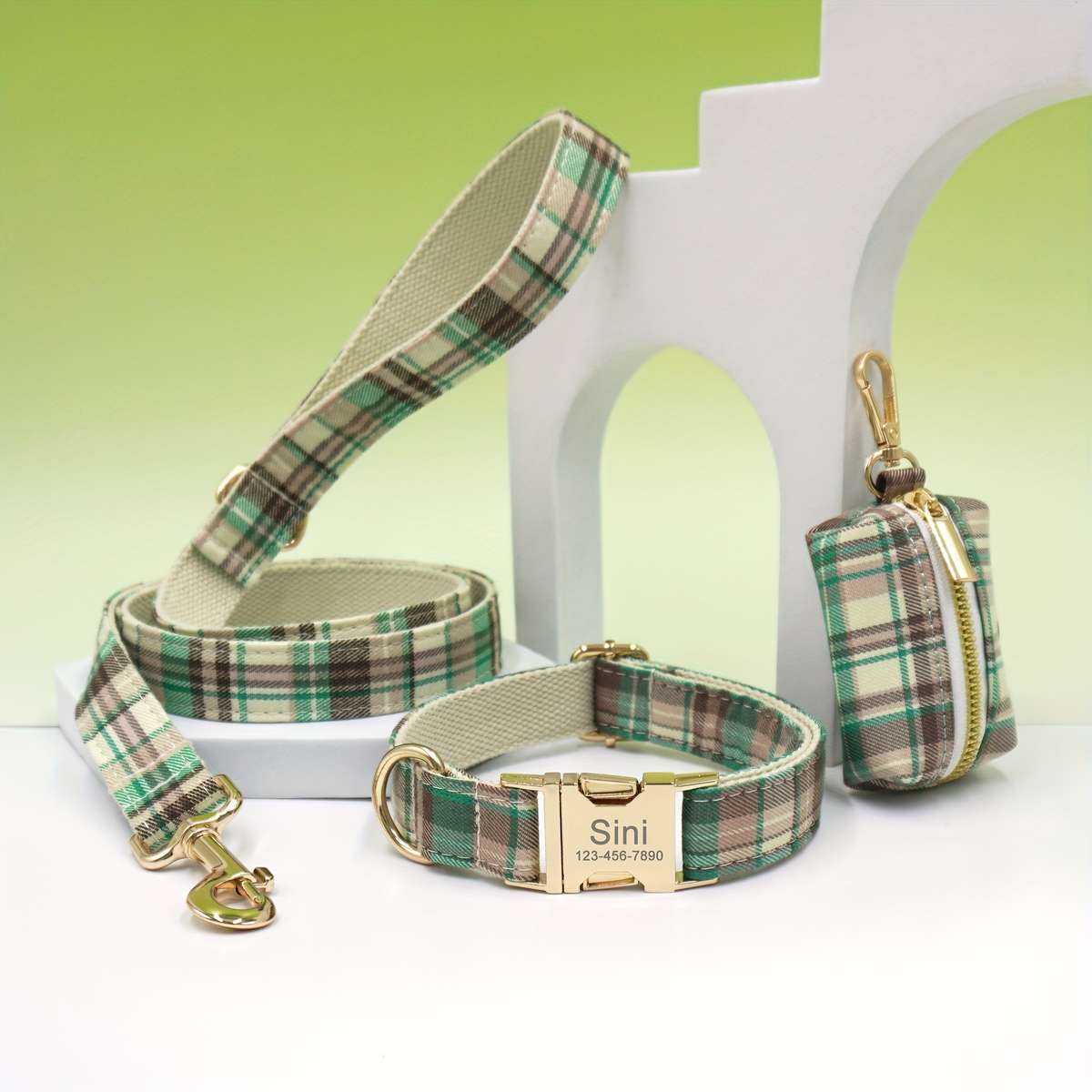 Dog Leash Color Brown And Green Plaid Light Golden Leash 3Piece Set Size S