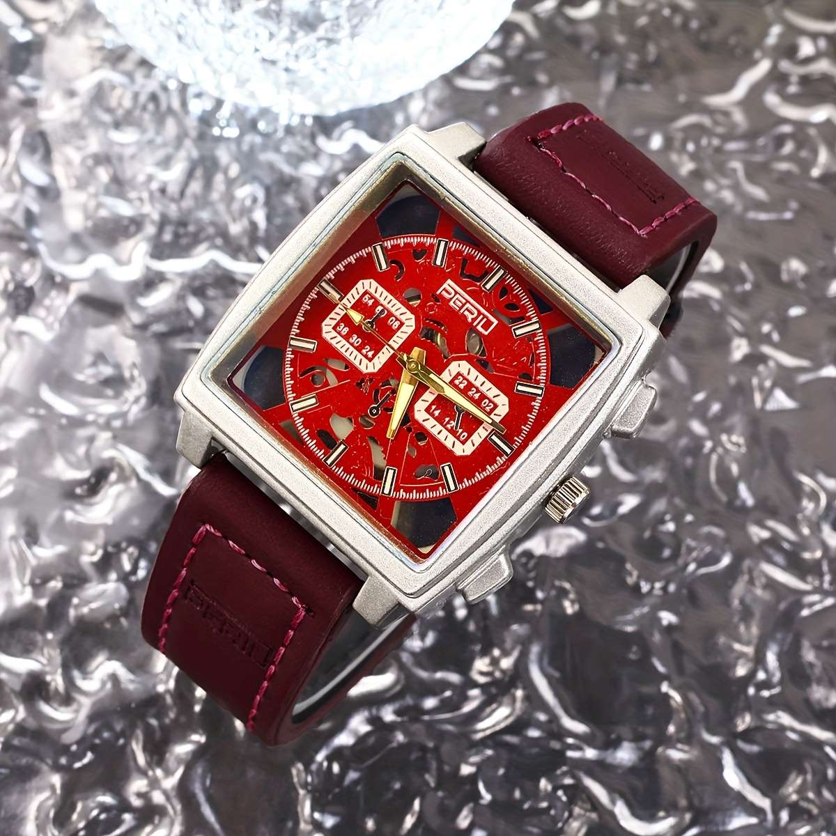 Men Quartz Watch Featuring Square Silvery Case With Hollow Design