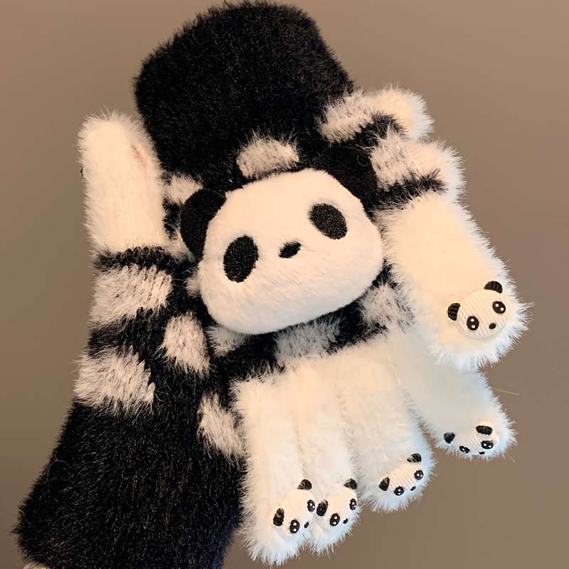 Vintage Ergonomic Soft And Cute Panda Plush Gloves For Women Winter Touchscreen