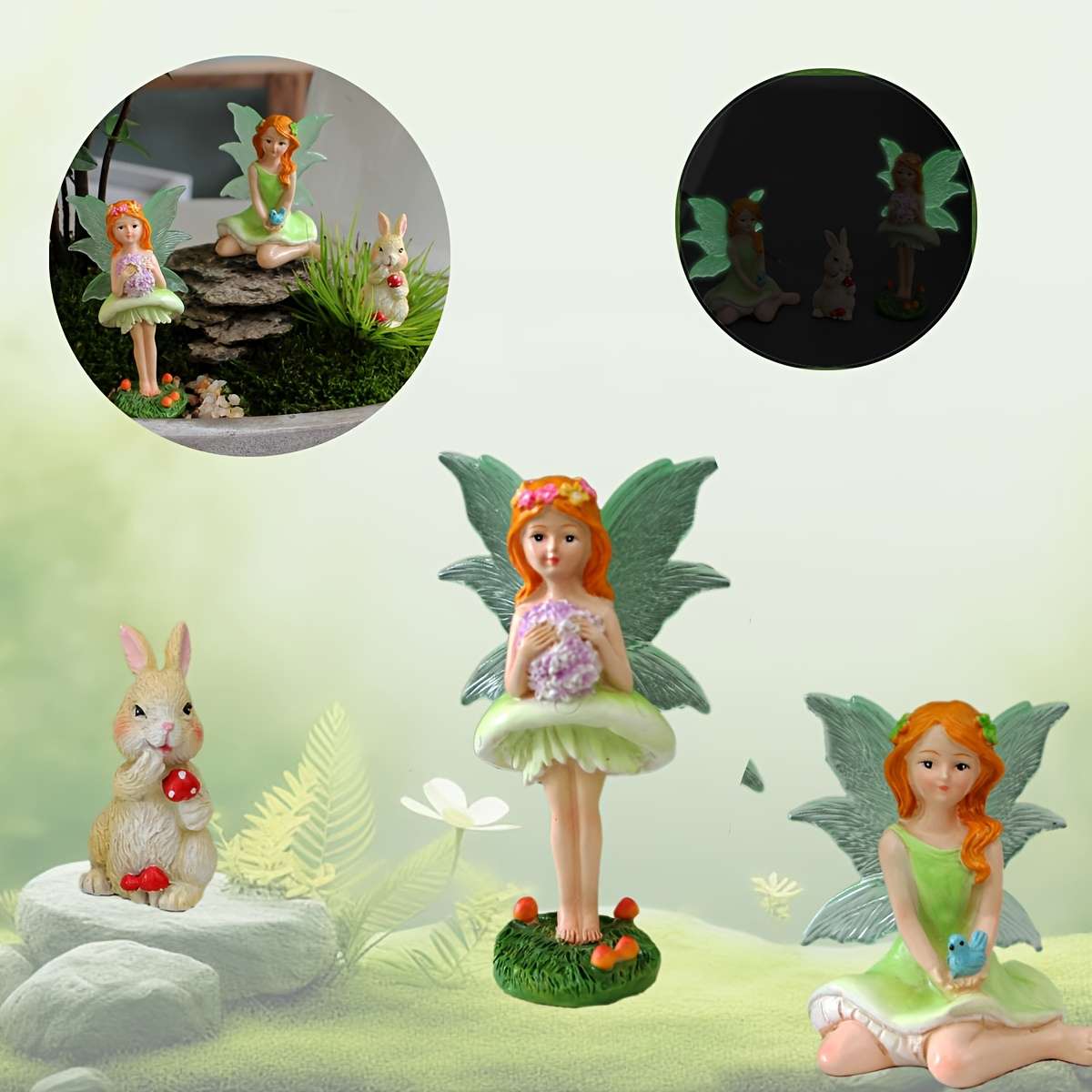 3Pcs Easter Bunny Fairy Miniature Statues