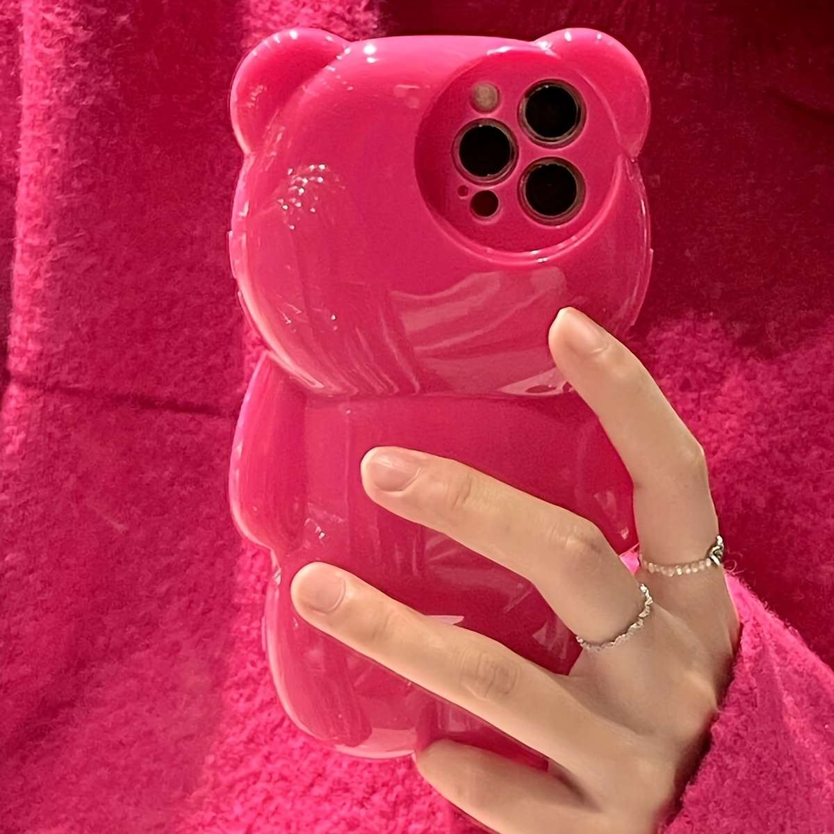 1Pc Rose Red For iPhone 15 Pro Max 3D Hot Pink Bear Phone Case