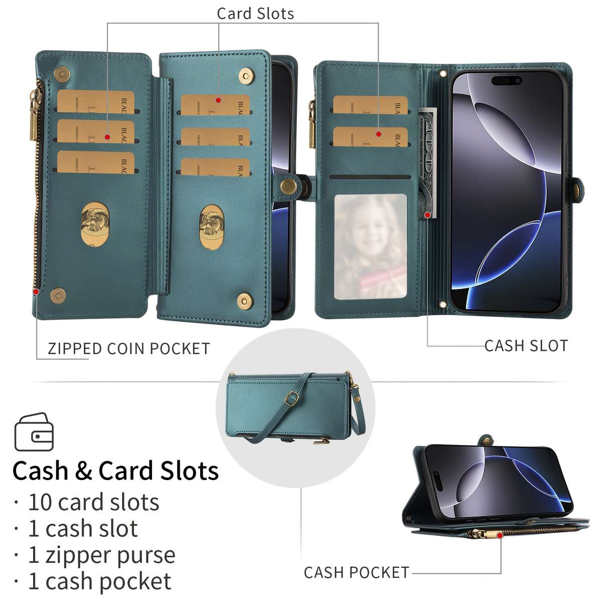 1Pc Black For iPhone 14 Plus Wallet Style Multi Card Slot Phone Case