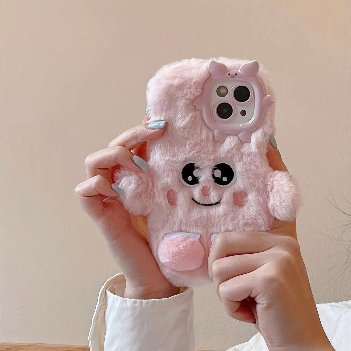 1Pc Light Pink For iPhone 12 Plush Little Monster Phone Case