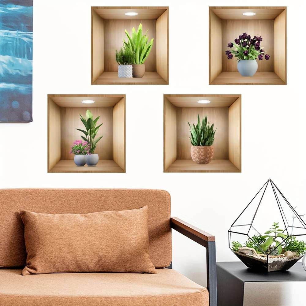 3PCS Industrial Textured Lifelike Green Plant Wall Decals Self Adhesive Bedroom