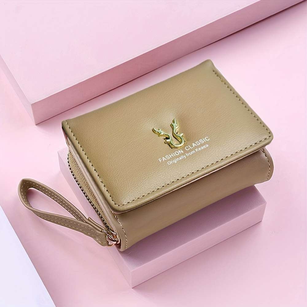 Compact Women'S Wallet With A Short Zipper Featuring Three Folds And Ample Space Designed Wit