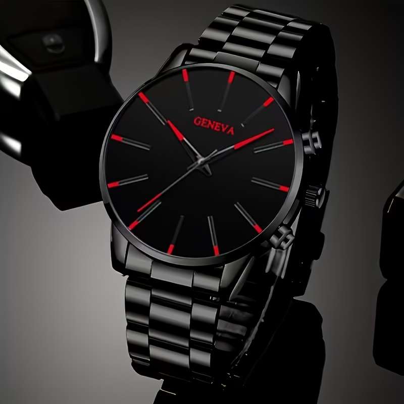 4Pcs Fashion Men Round Quartz Watch Set With Stainless Steel Strap