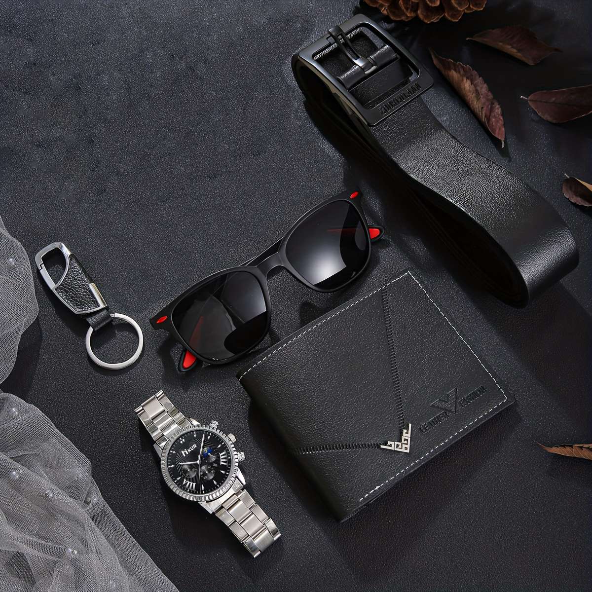 7PCS Mens Setwatch Wallet Belt Keychain Greeting Card Glassesfauxitems Gift Box