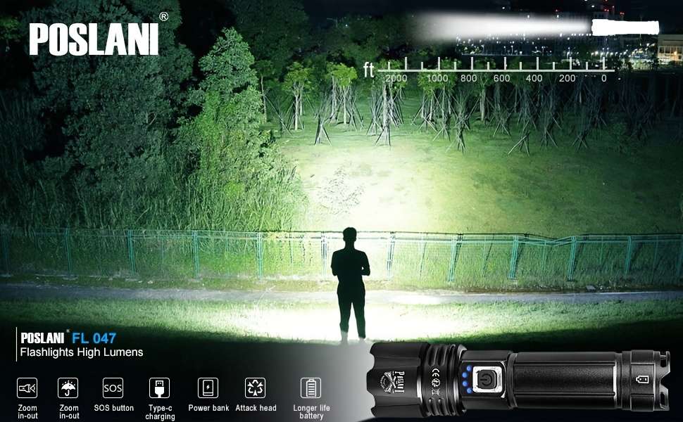 Heavy Duty Poslani Led Flashlight 700 Lumens Rechargeable Handheld Emergency