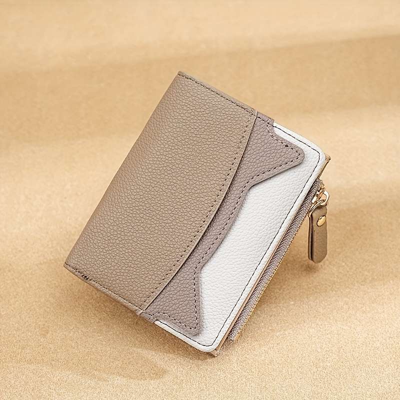 Litchi Texture Wallet Women'S Short Bifold Purse Creative Zipper Multicolor Patchwork Coin