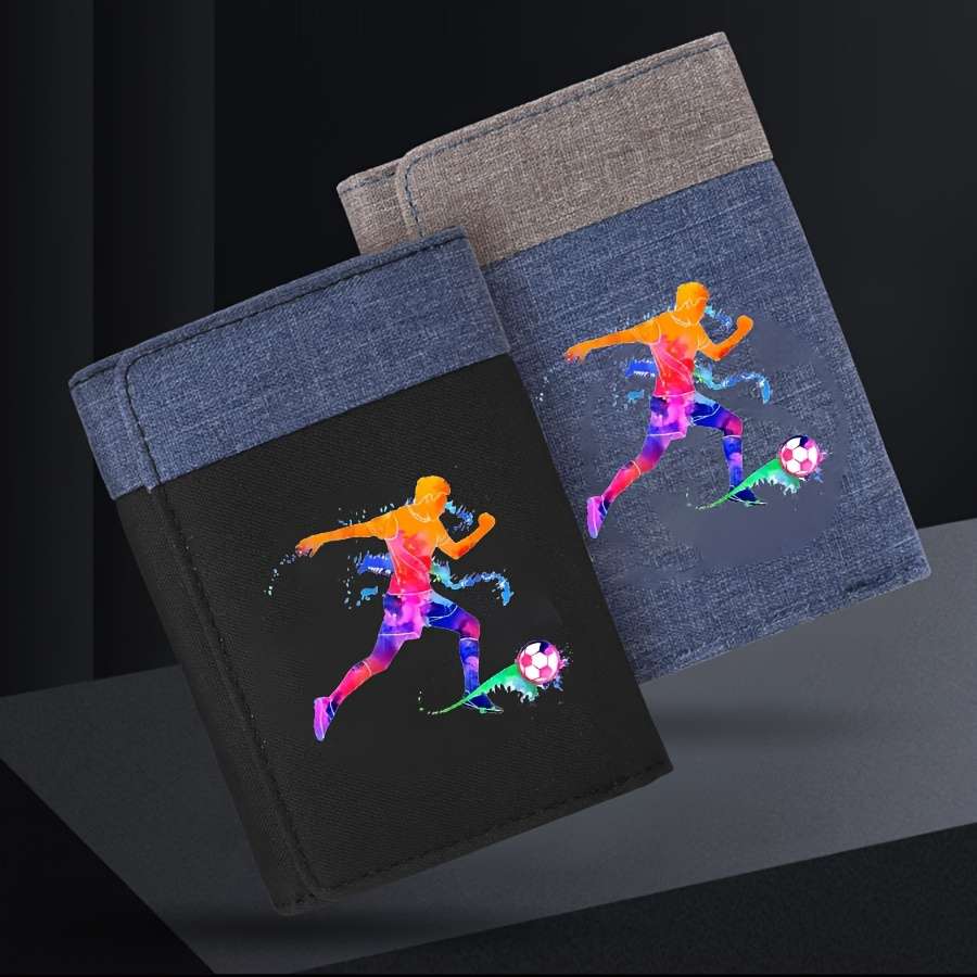 Men'S Casual Canvas Wallet With Football Player Design Color Block Double-Fold Multi-Car