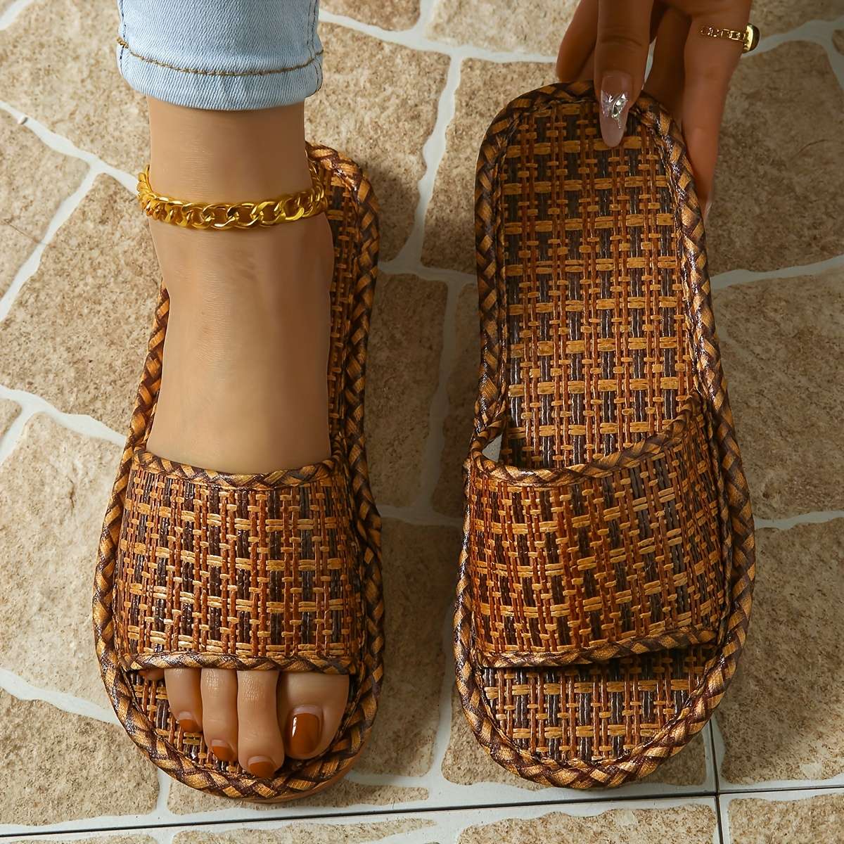 Men Slippers Summer Style Rattan Black Size Uk 9.5 To 10