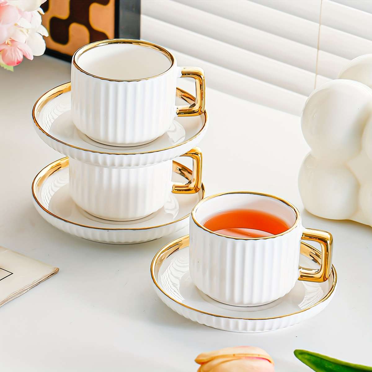 Water Cup Color White Golden Model3001 Ceramic Golden Edge 6 Cups 6 Plates