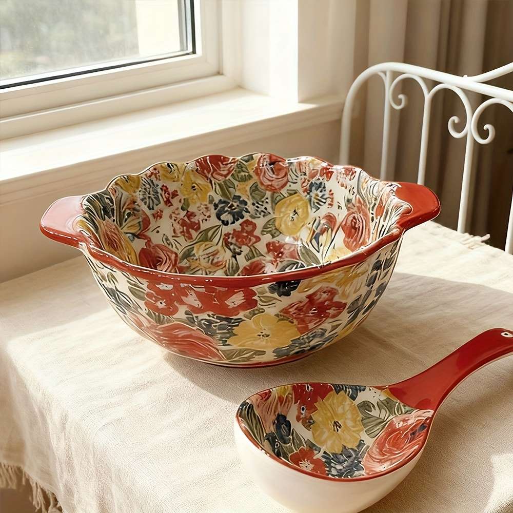 Bowl Style Peony Flower  9.5Inch Doublehandled Soup Bowl