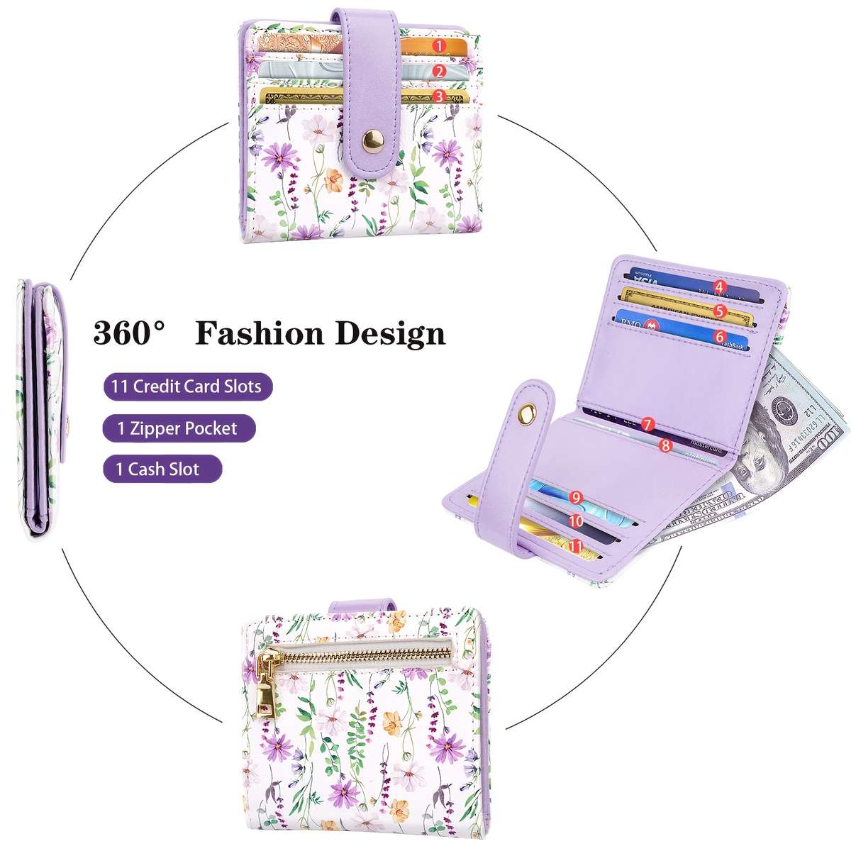 Women'S Compact Bi-Fold Wallet With Floral Print Rfid Blocking Pink Synthetic Faux Leather Ca