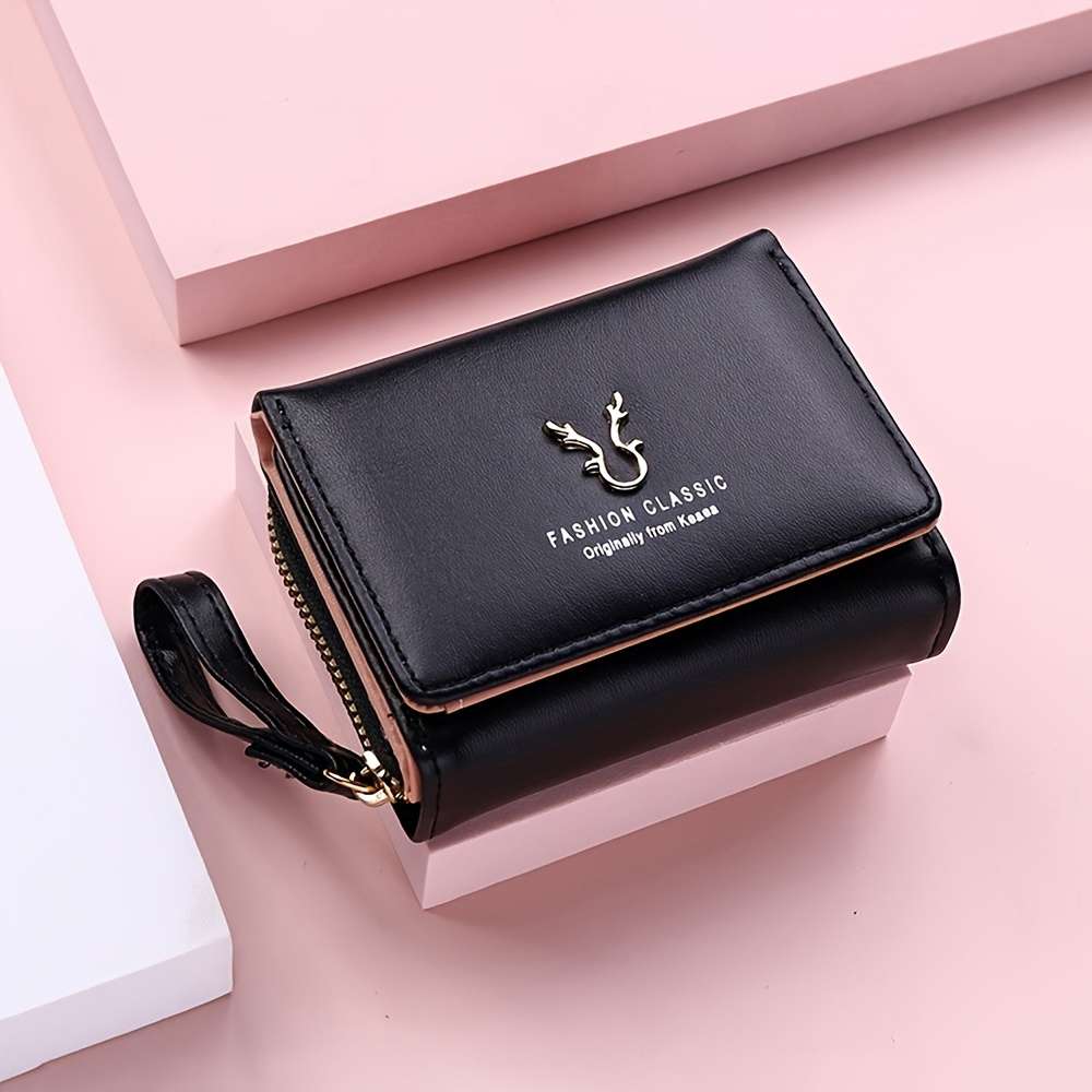 Compact Women'S Wallet With A Short Zipper Featuring Three Folds And Ample Space Designed Wit