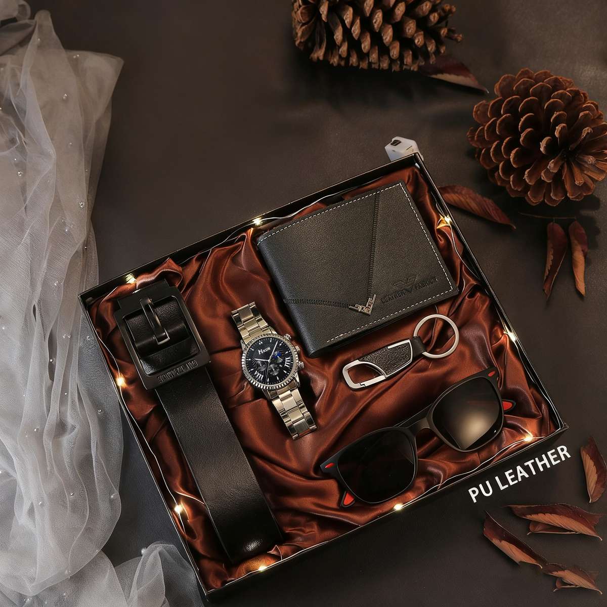 7PCS Mens Setwatch Wallet Belt Keychain Greeting Card Glassesfauxitems Gift Box