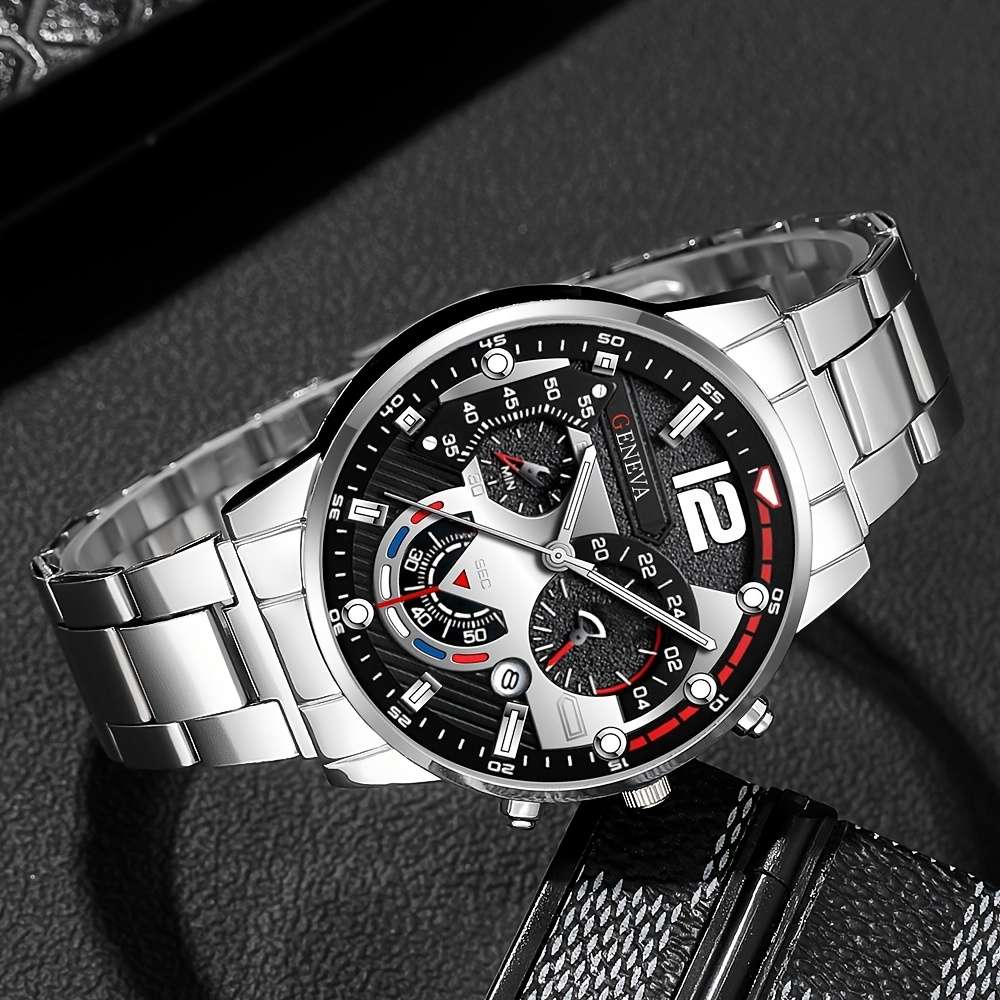 4Pcs Classic Quartz Men Watch Zinc Alloy Case Faux Leather And