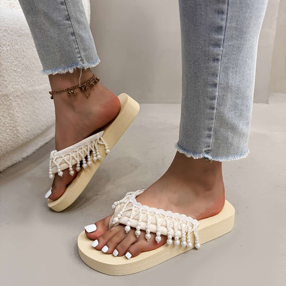 Ladies Summer Flip Flops Beige Uk 7