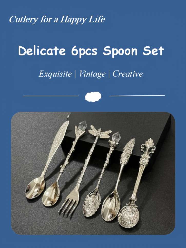 6pcs Small Spoon Fork Set Vintage Golden Teaspoon Fruit Fork Cup Stirring Coffee Spoon