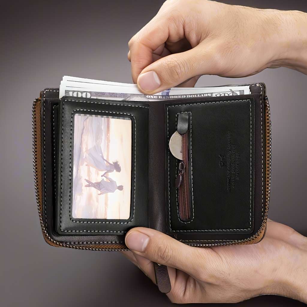 Men'S Vintage Faux Leather Walletcompact Casual Style With Zipper Closure Multi-Card Slots