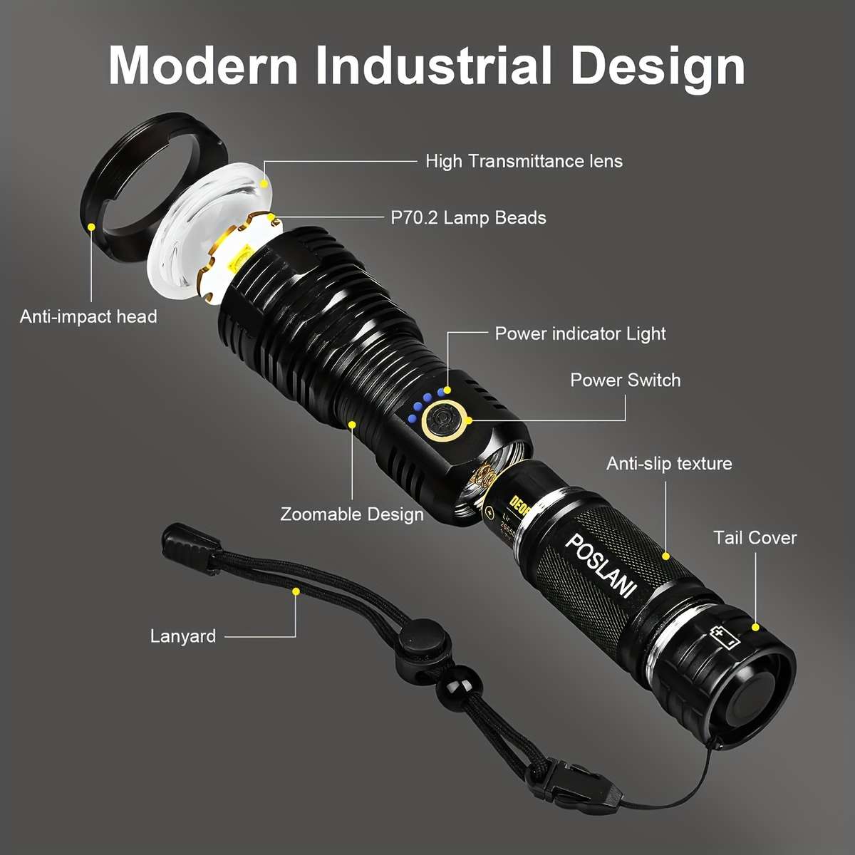 Heavy Duty Poslani Led Rechargeable Flashlight Adjustable High Power Travel