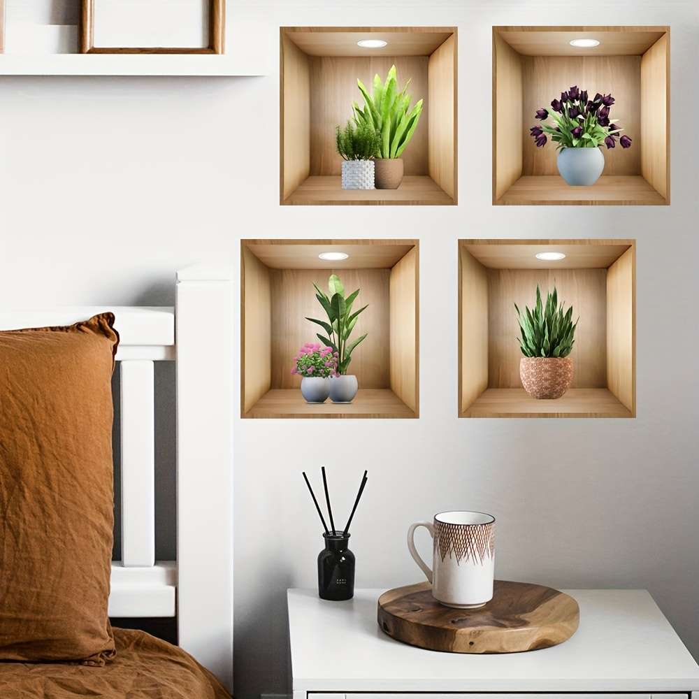 3PCS Industrial Textured Lifelike Green Plant Wall Decals Self Adhesive Bedroom