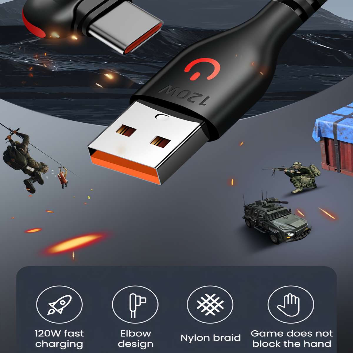 Fast Charging Cable 90 Degree Elbow USB To Type C 120W 100cm