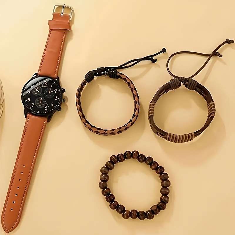 4Pcs Men Fashion Quartz Watch Set With Brown Faux Leather Strap