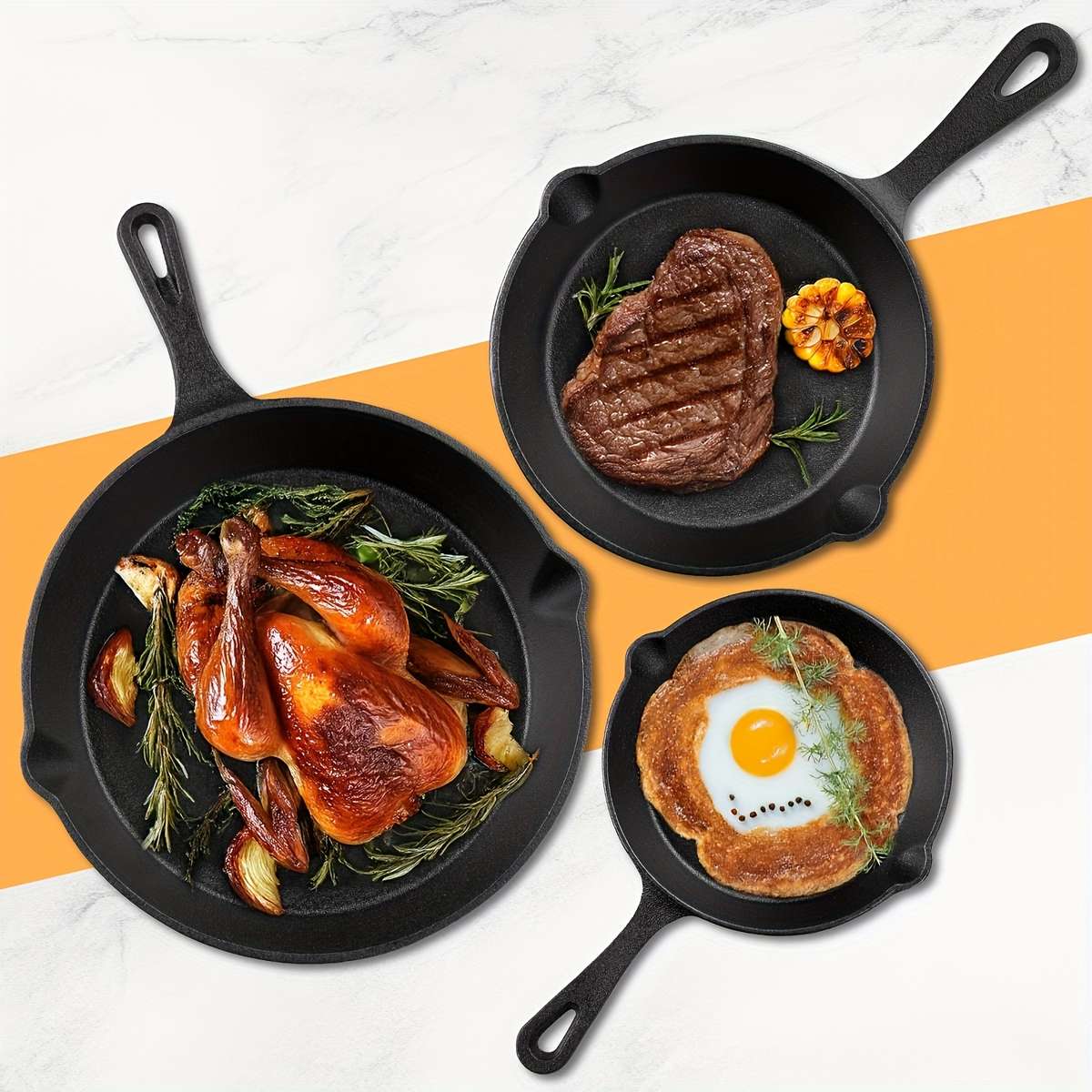 Set Cast Iron Cookware Set 10 Inch 8 Inch 6 Inch Flat Pans Excellent Heat Black
