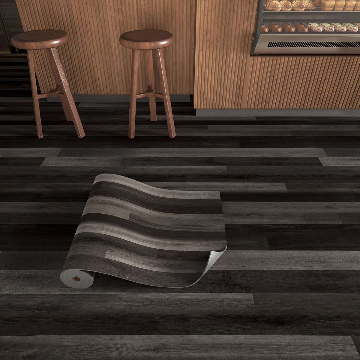Self Adhesive Floor Stickers Black And Gray Wood Grain 2 Rolls Covers 2.4 Square Meters