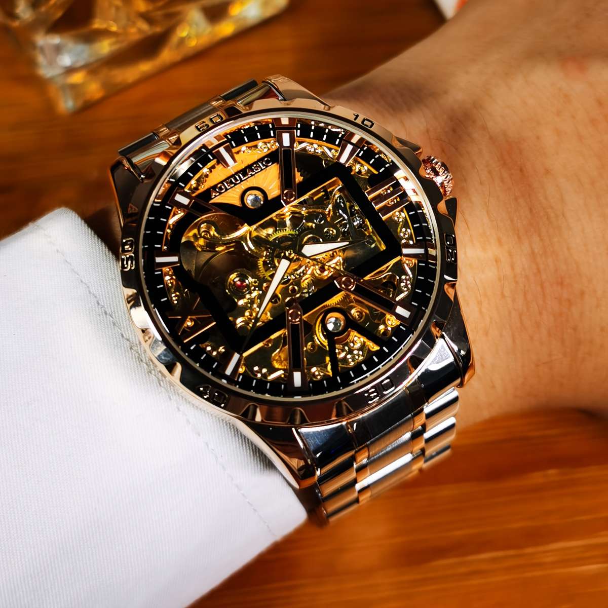 Mens Sporty Barrel Shaped Hollow Automatic Mechanical Watch Without