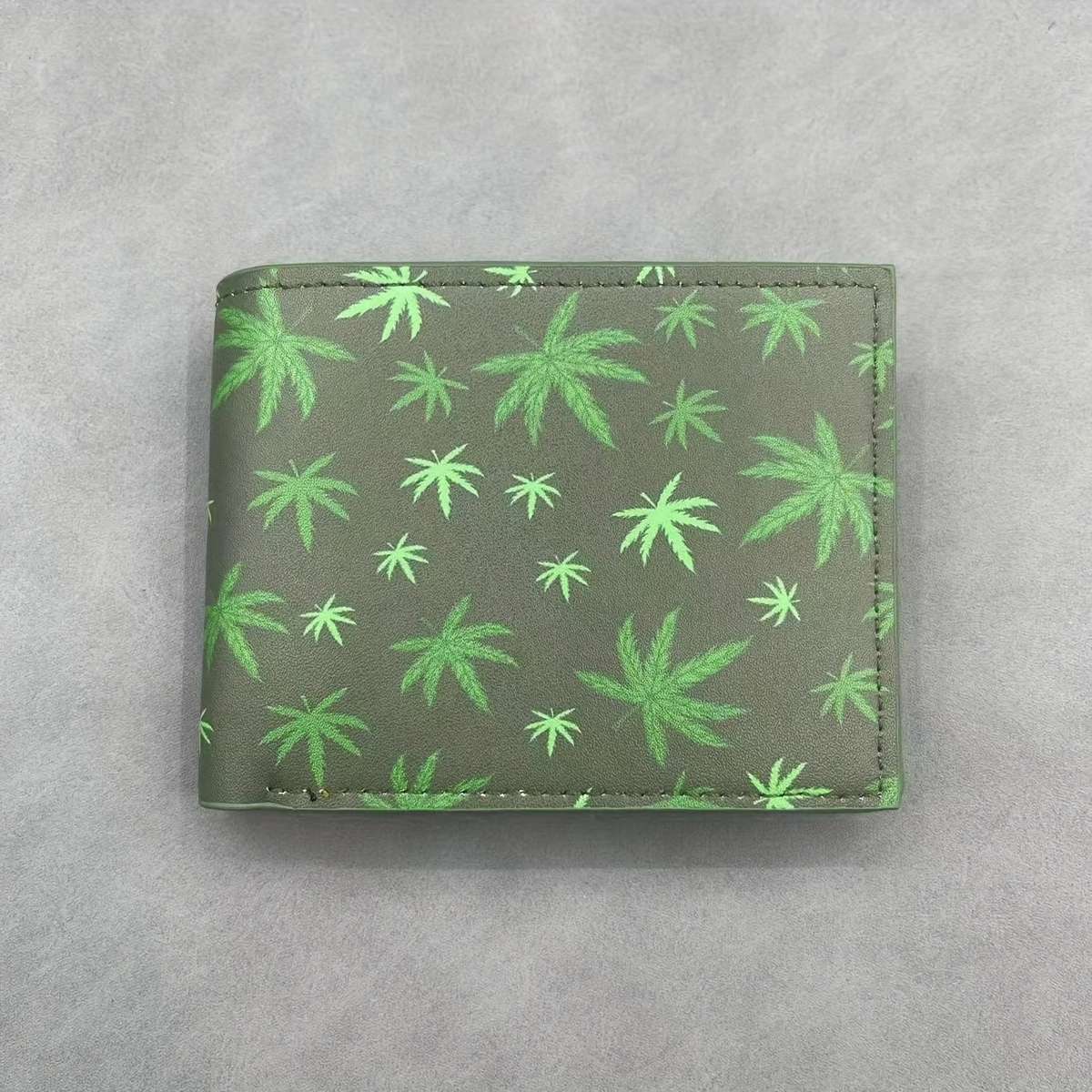 Men'S Stylish Faux Leather Wallet With Vibrant Leaf Printcompact Green Design Perfect Gift